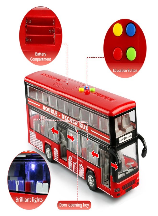 Cdymkf 11"(28cm) Double Decker Bus Toy with Lights & Sounds, Scale(1:16) Friction Powered Bus Toy for Kids with Indoor Ceiling Lights and 4 Different Sounds - Gift for Kids Ages 3+ (Red) - Image 2